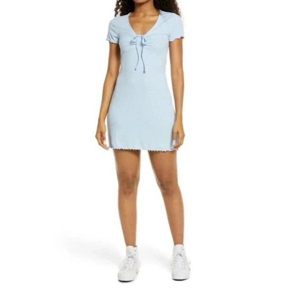 Bp Nordstrom Women's Tie Front Lettuce Edge Minidress In Blue Cashmere SZ M NWT - Picture 1 of 13